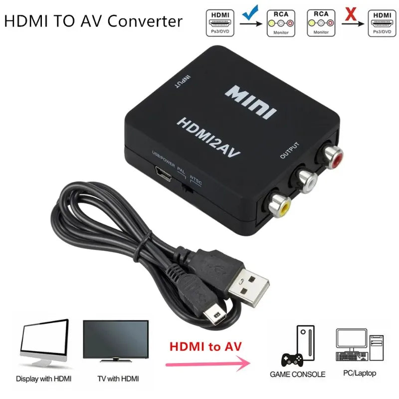 Grwibeou HDMI TO AV Scaler Converter Box HD Video Composite Adapter HDMI to RCA AV/CVSB L/R Video 1080P Mini HDMI to AV Adapter