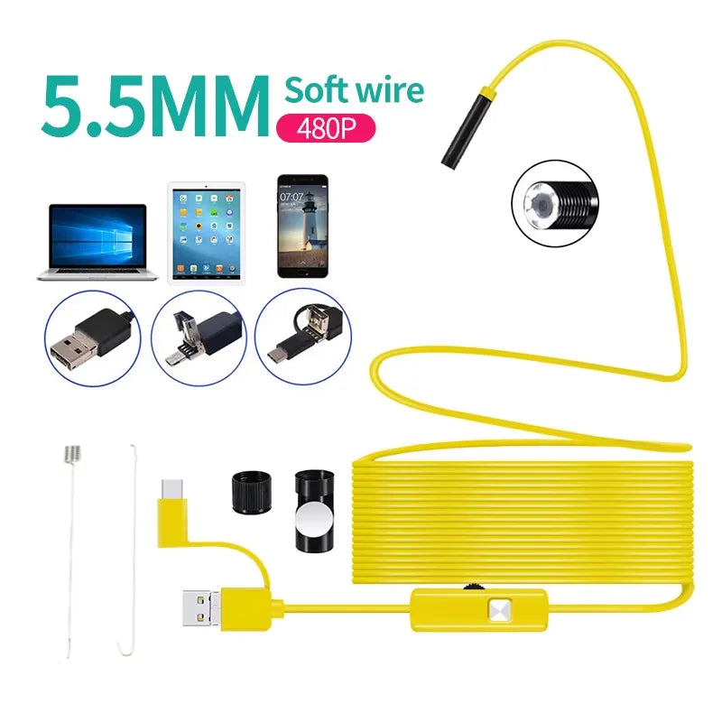 5.5MM & 7mm Android Endoscope Camera 3 IN1 Micro USB Type C Borescope Mini Camera Waterproof LED Car Inspection For Android PC