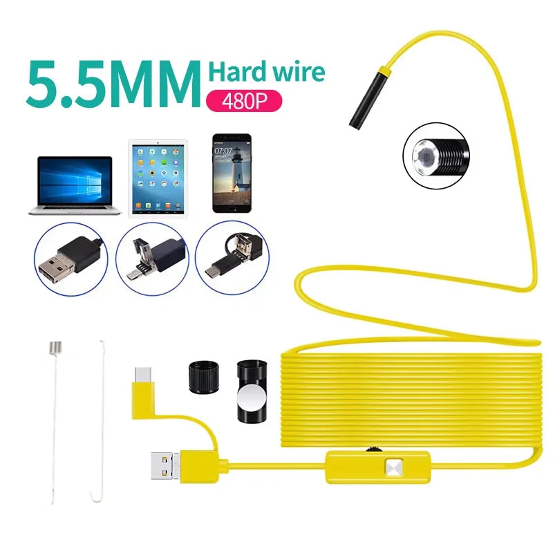 5.5MM & 7mm Android Endoscope Camera 3 IN1 Micro USB Type C Borescope Mini Camera Waterproof LED Car Inspection For Android PC